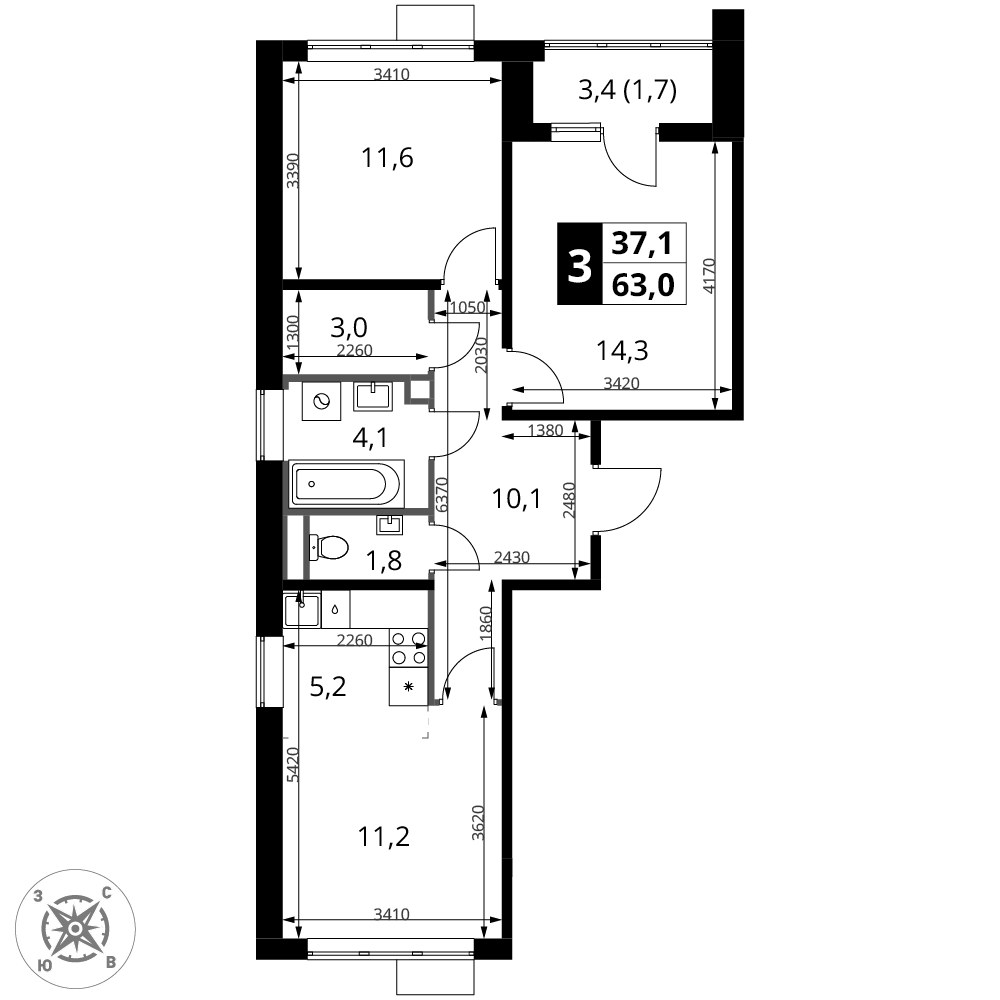 Планировка 62.9 м²