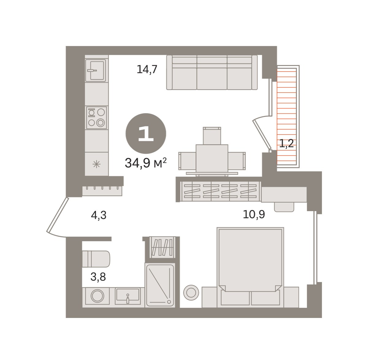 Планировка 34.85 м²