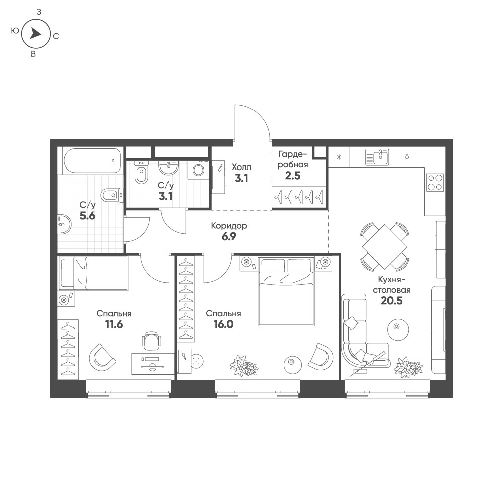 Планировка 69.3 м²