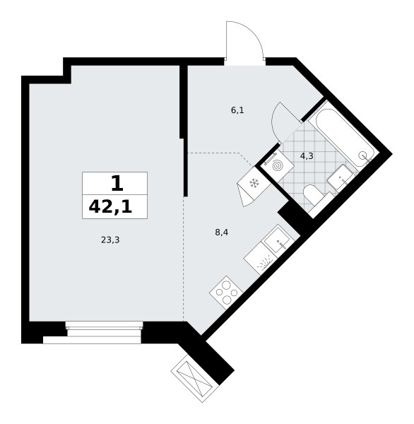 Планировка: Студия, 42.1 м²