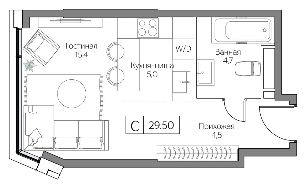 Планировка: 1-комнатная, 29.5 м²