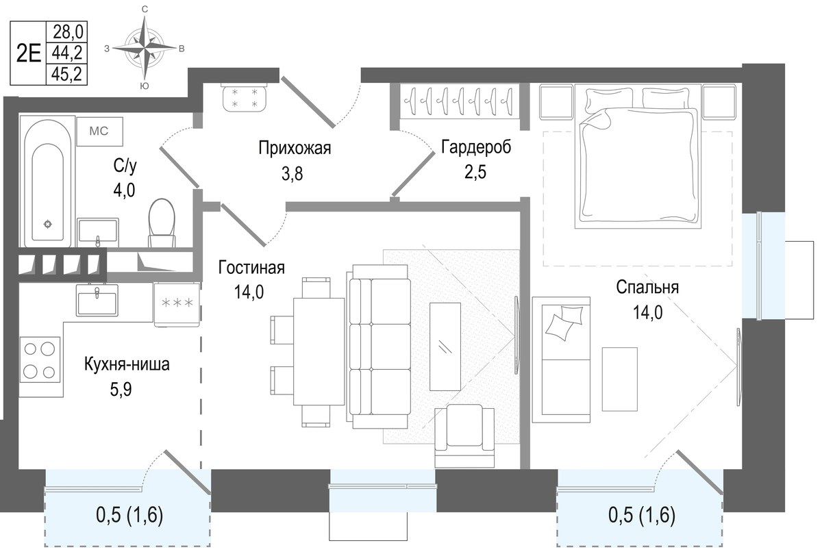 Планировка 44.2 м²
