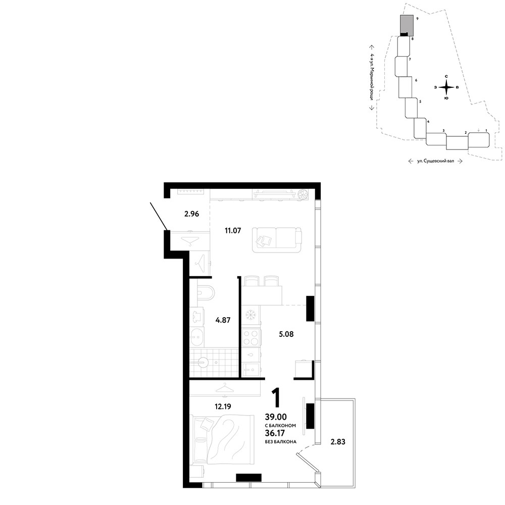 Планировка 39.0 м²
