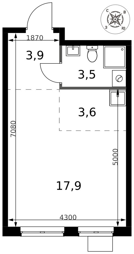 Планировка: Студия, 28.9 м²