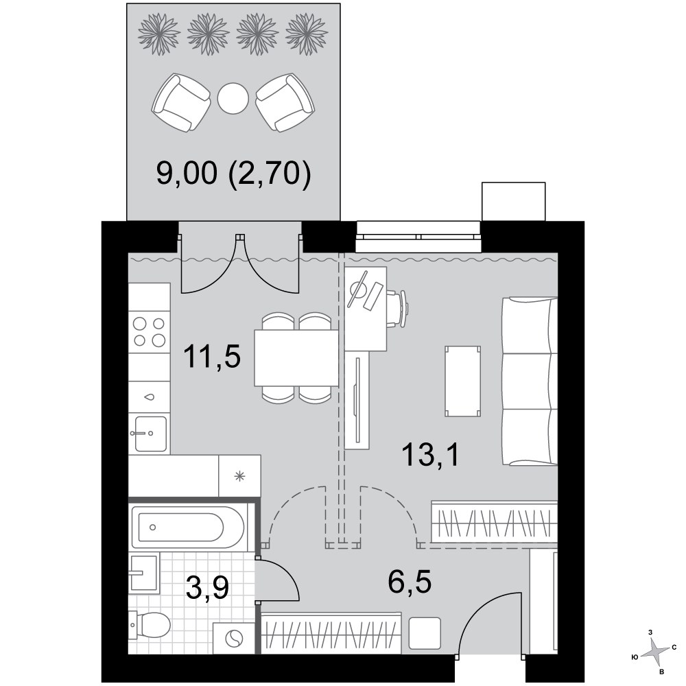 Планировка: 1-комнатная, 37.7 м²