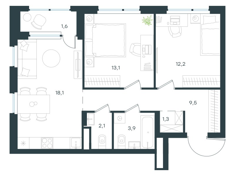 Планировка 61.8 м²