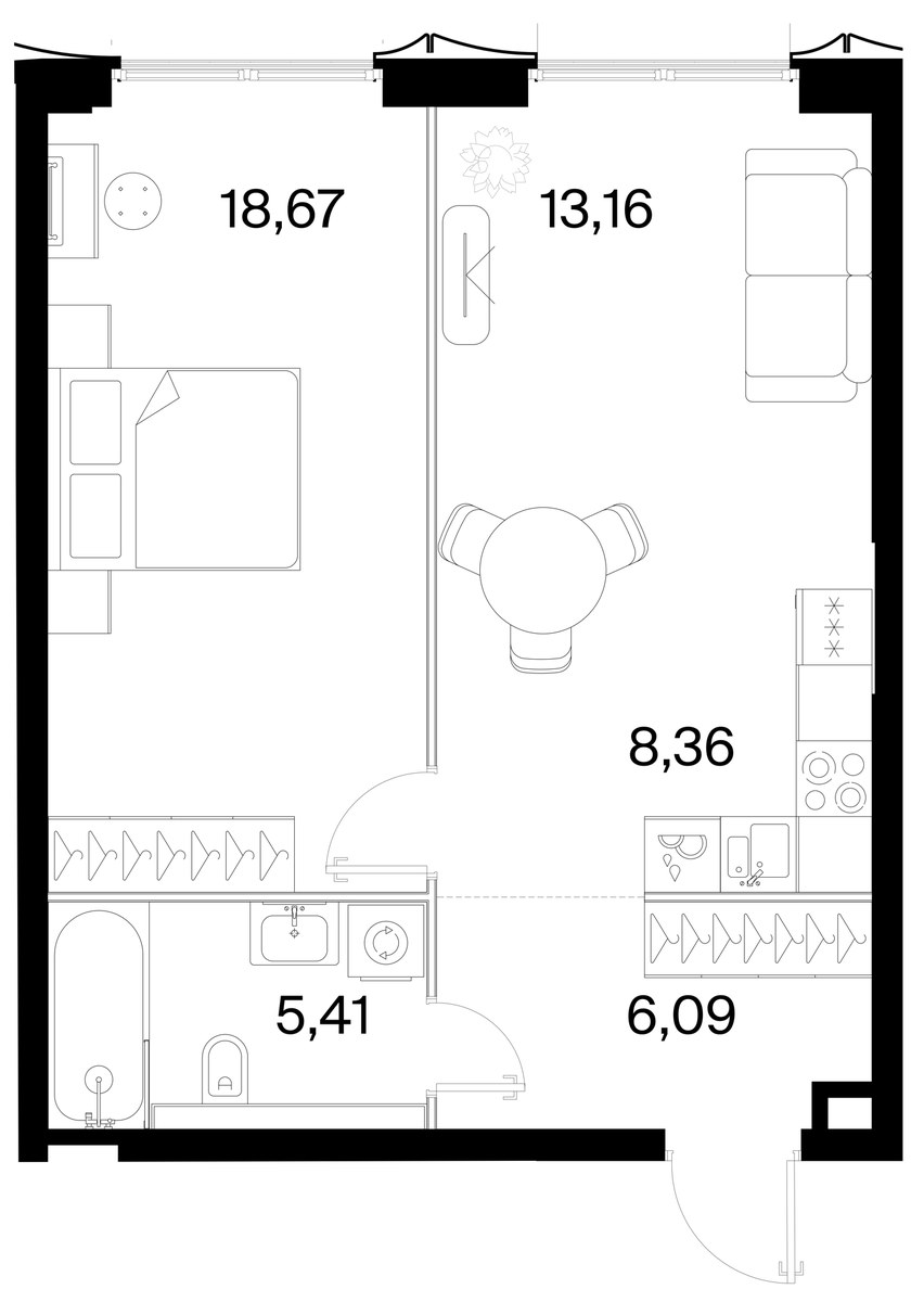 Планировка: 1-комнатная, 51.69 м²
