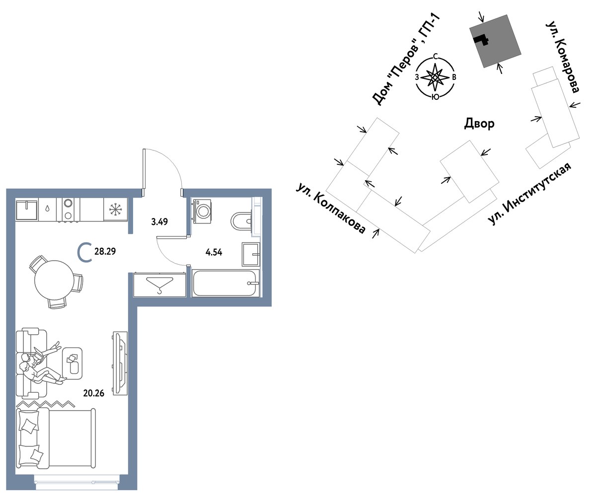 Планировка: 1-комнатная, 28.29 м²