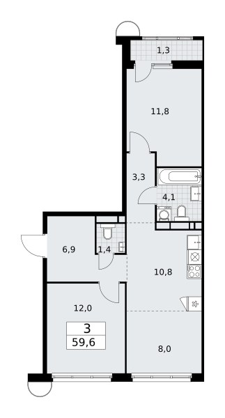 Планировка: 3-комнатная, 59.6 м²