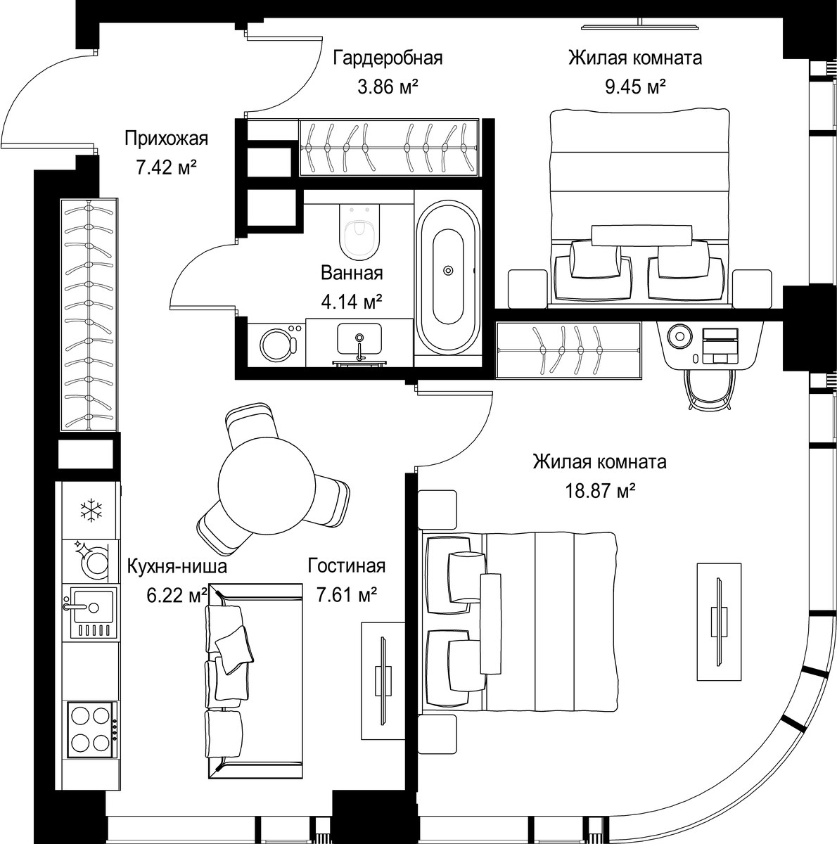 Планировка 57.57 м²
