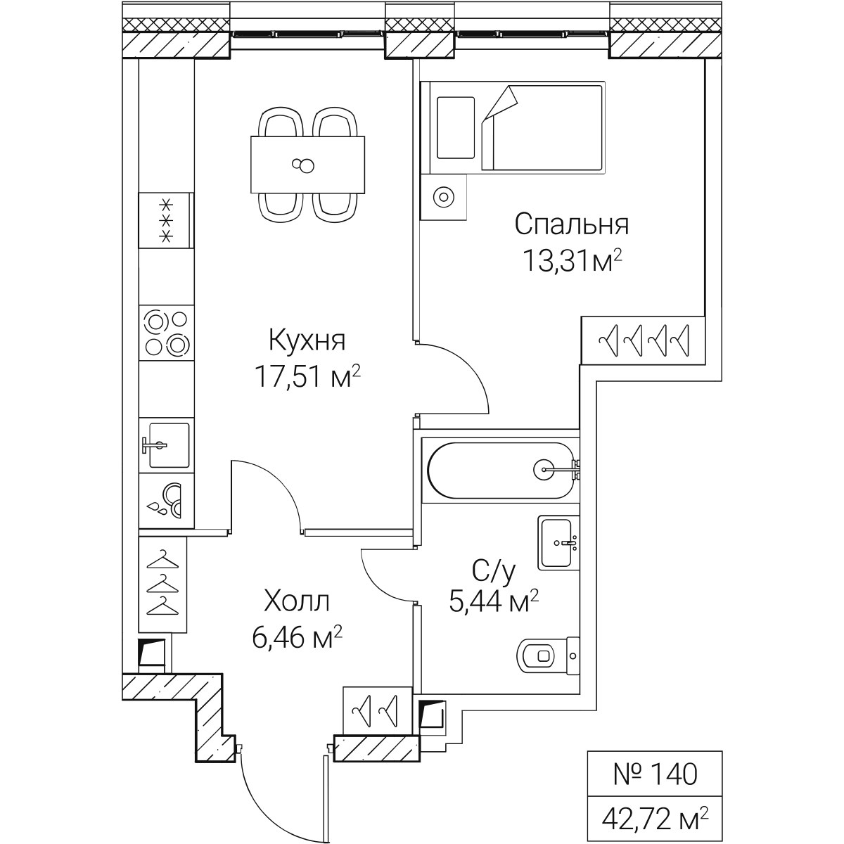 Планировка: 1-комнатная, 42.72 м²