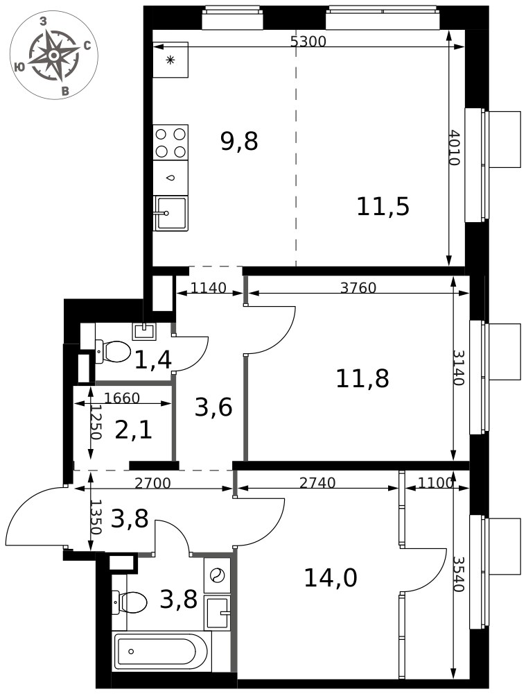 Планировка 61.8 м²
