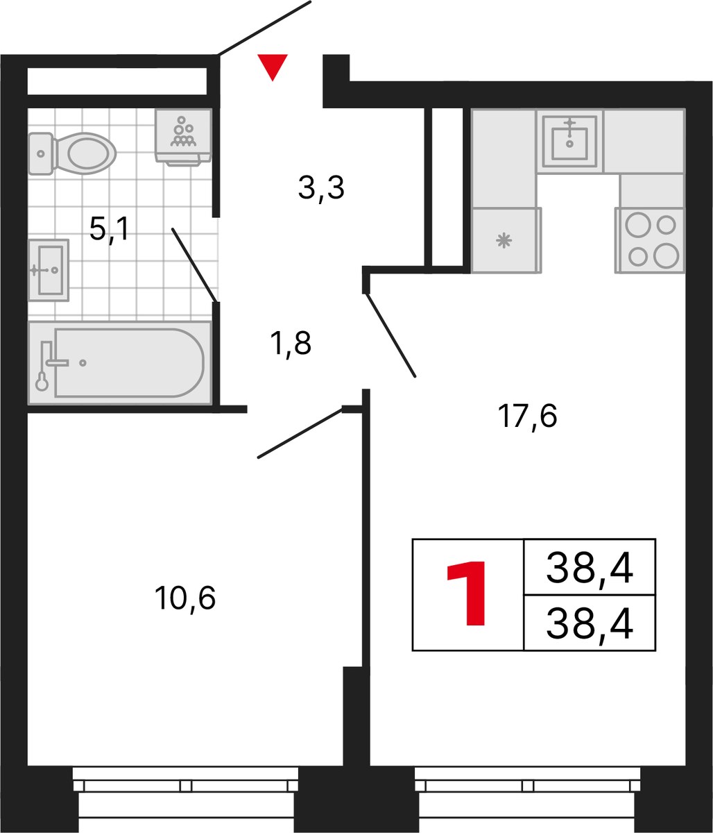 Планировка: 1-комнатная, 38.4 м²