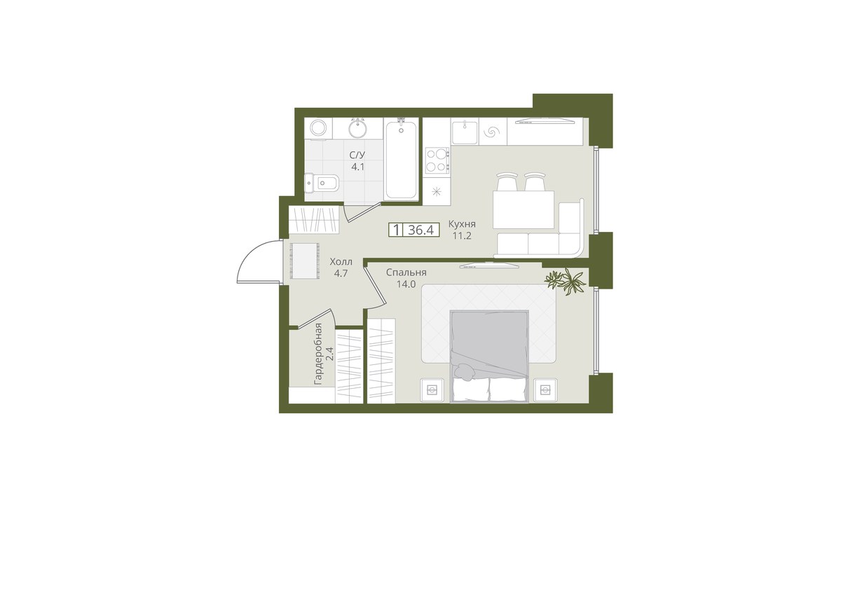 Планировка 36.4 м²