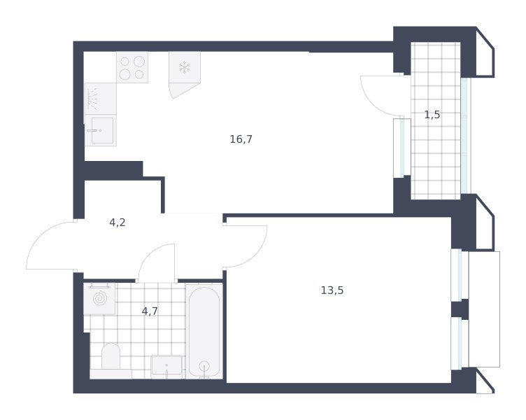 Планировка: 1-комнатная, 40.6 м²