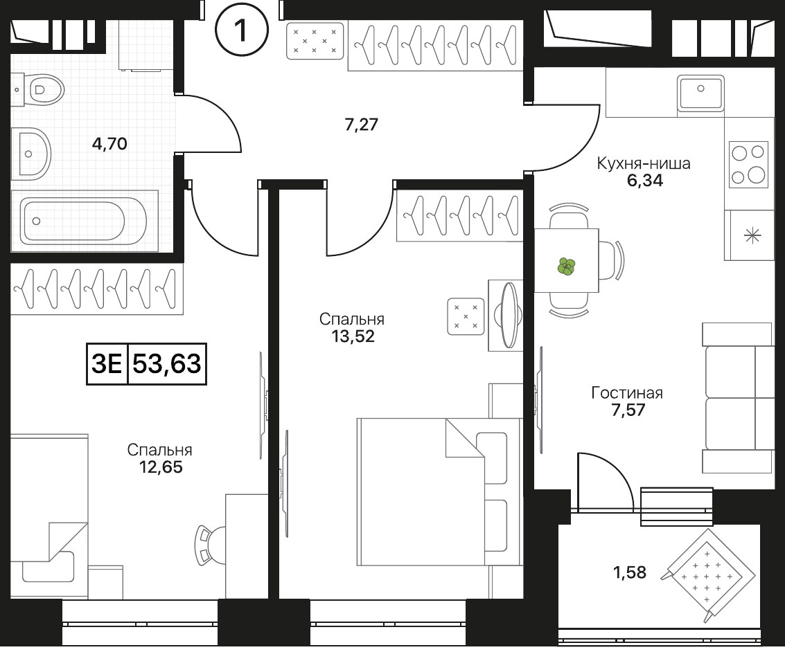 Планировка 53.63 м²