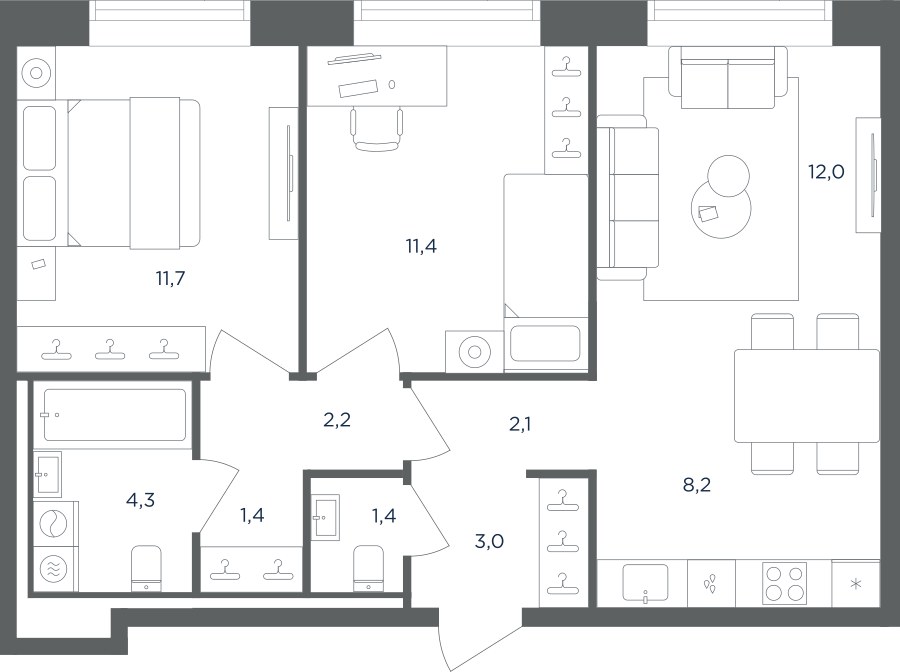 Планировка 57.7 м²