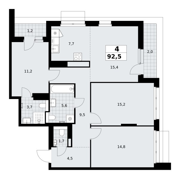 Планировка: 4-комнатная, 92.5 м²