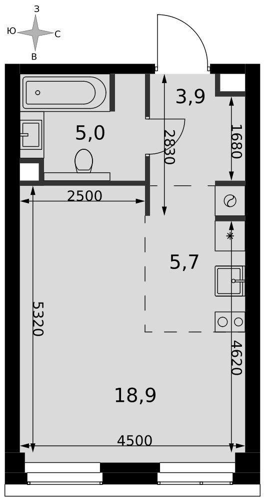 Планировка: Студия, 33.5 м²