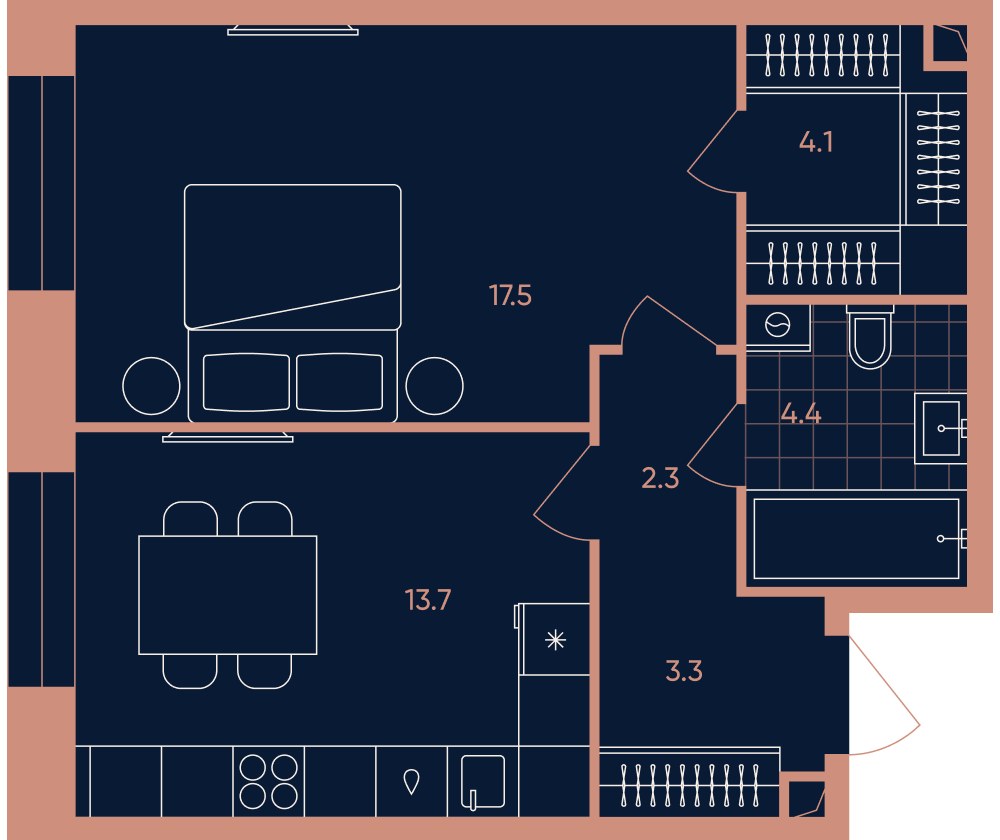 Планировка: 1-комнатная, 45.5 м²