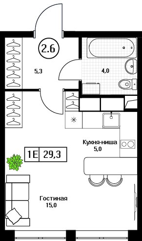 Планировка: Студия, 29.3 м²