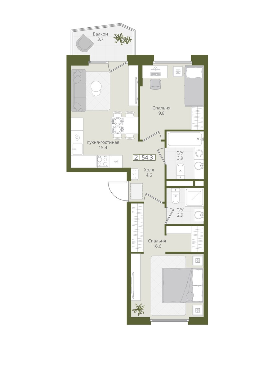 Планировка 54.3 м²