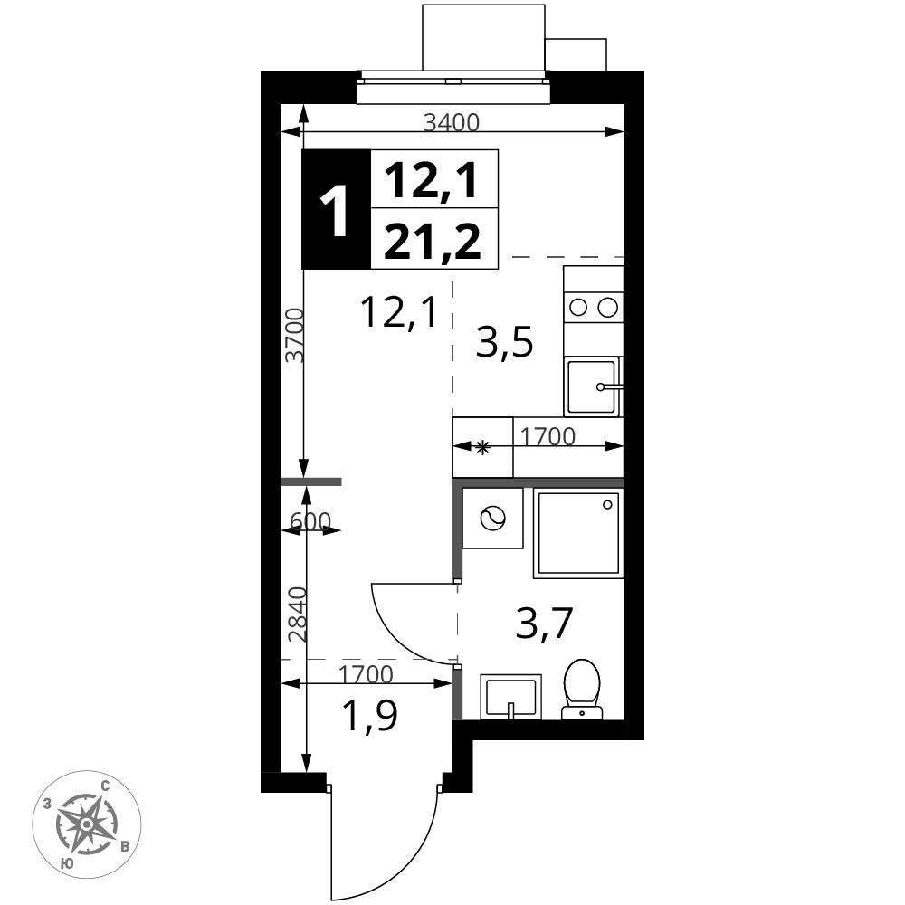 Планировка: Студия, 21.2 м²