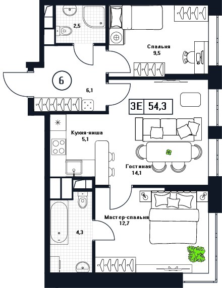 Планировка 54.3 м²