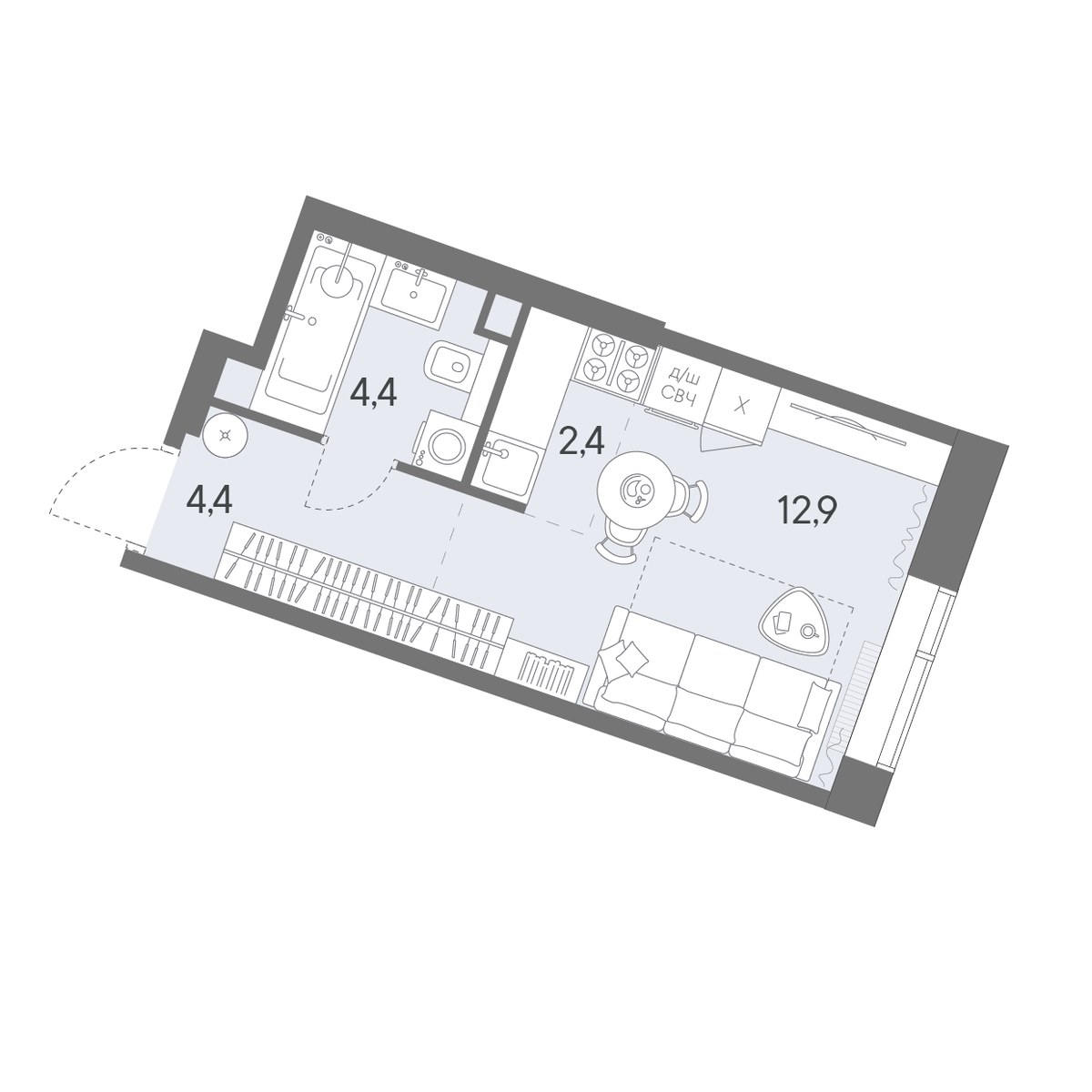 Планировка: 1-комнатная, 24.1 м²