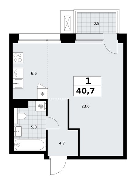 Планировка: Студия, 40.7 м²