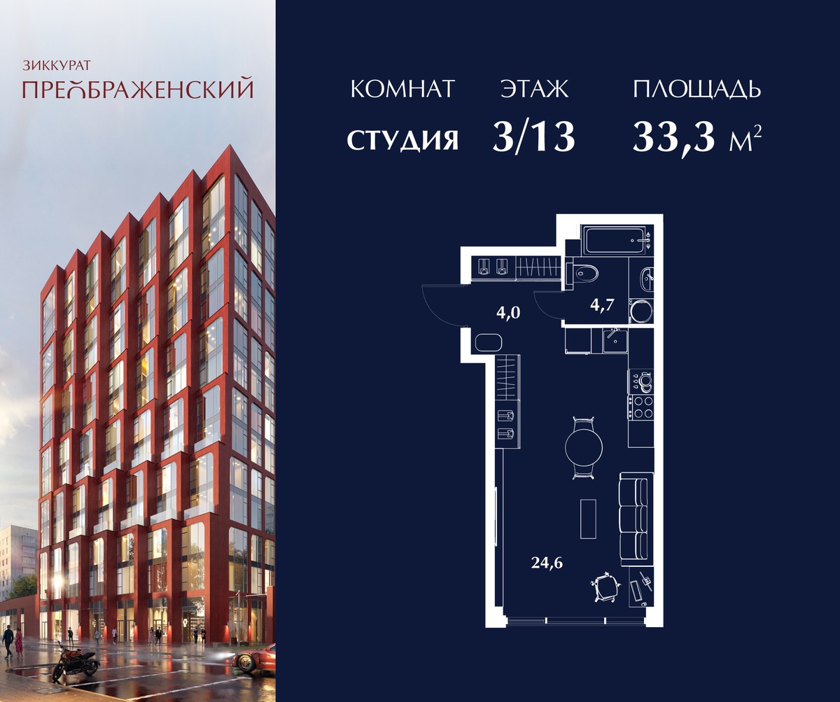 Планировка: Студия, 33.3 м²