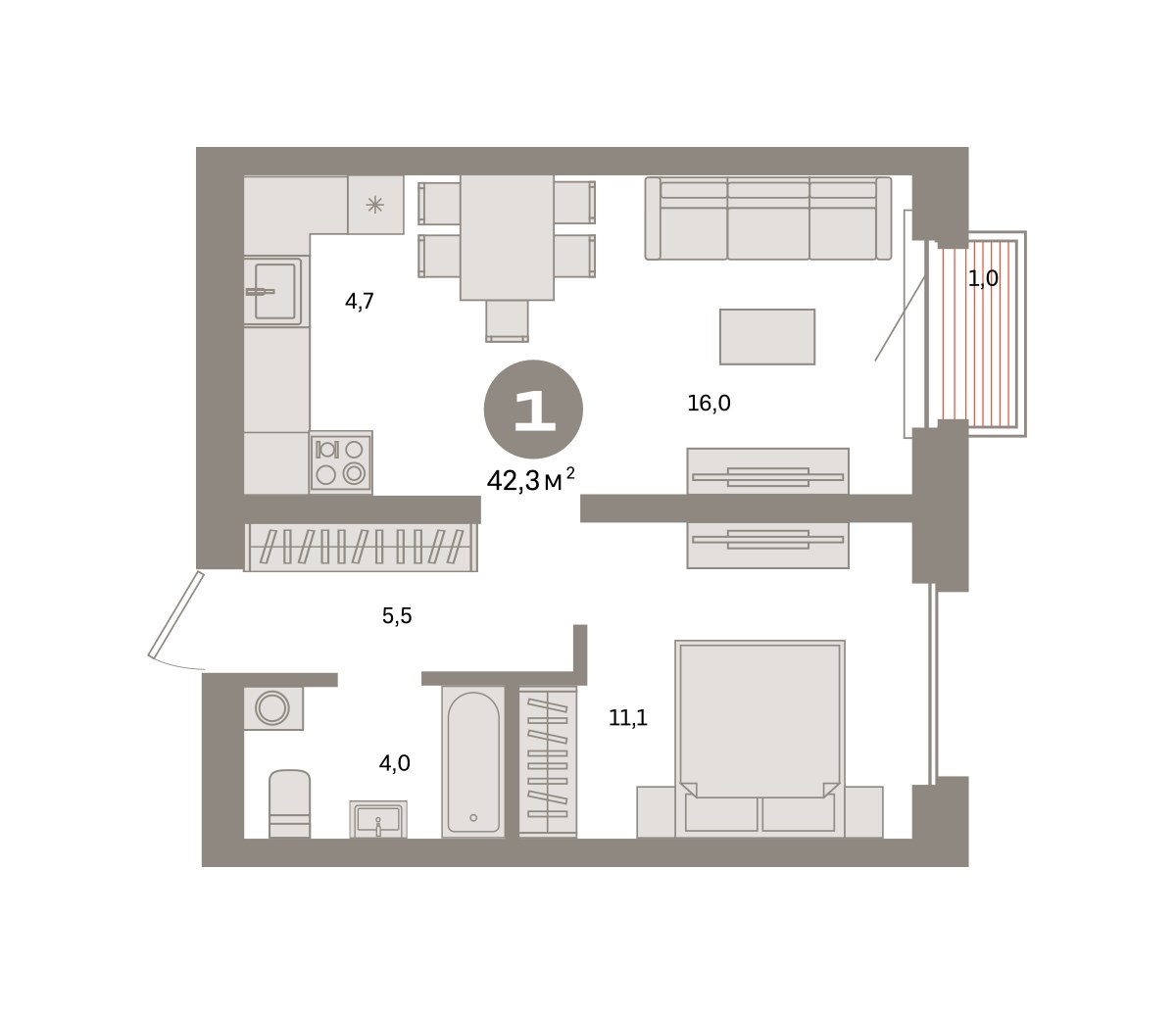 Планировка 42.3 м²