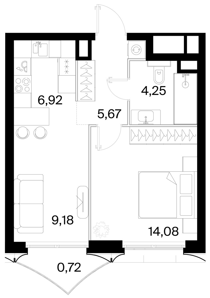 Планировка: 1-комнатная, 40.82 м²