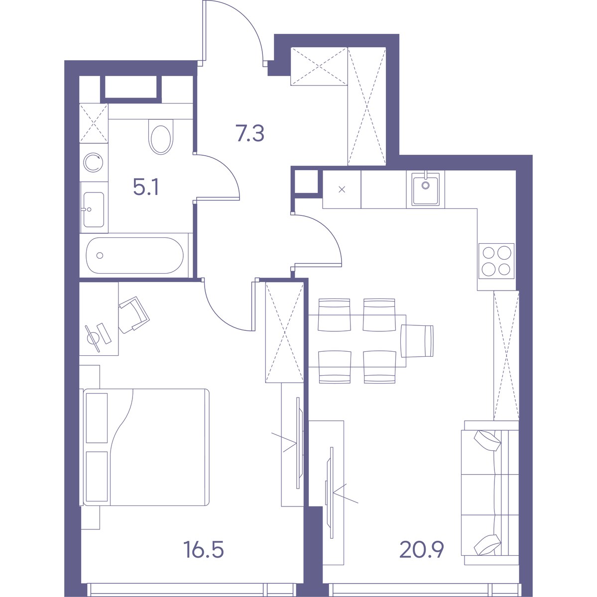 Планировка: 1-комнатная, 49.8 м²