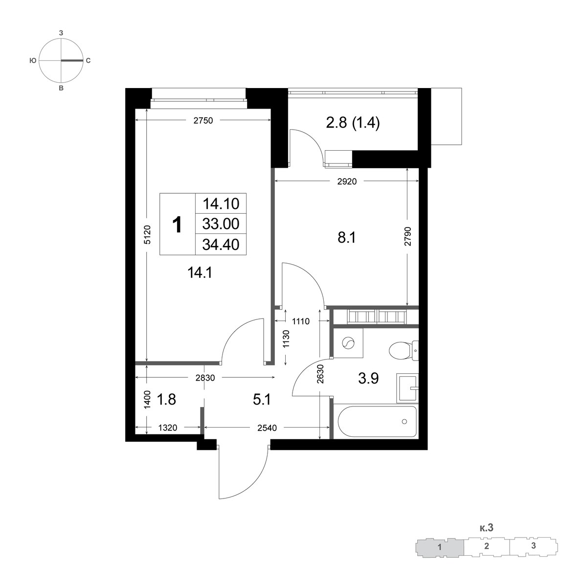 Планировка 34.4 м²