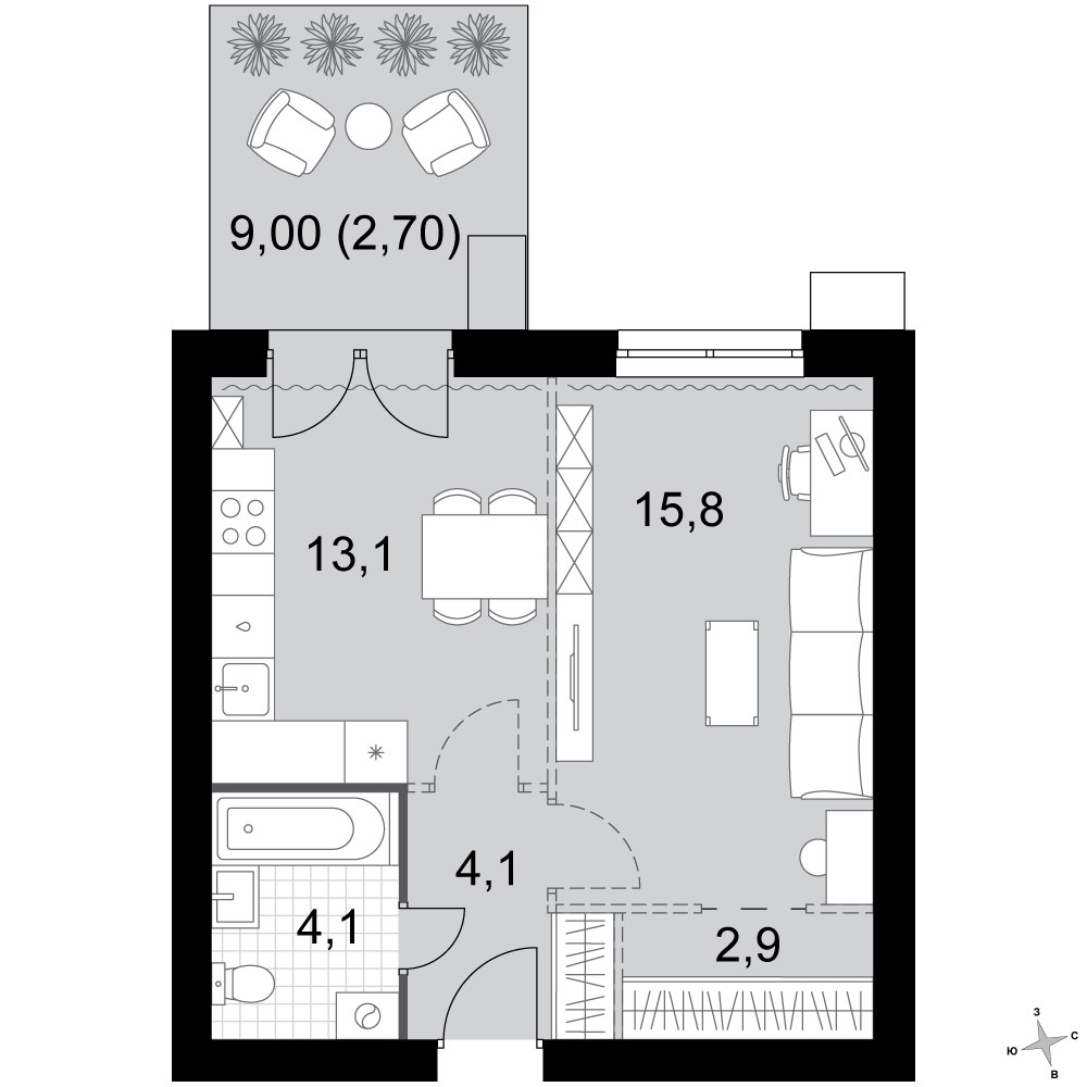 Планировка: 1-комнатная, 42.7 м²