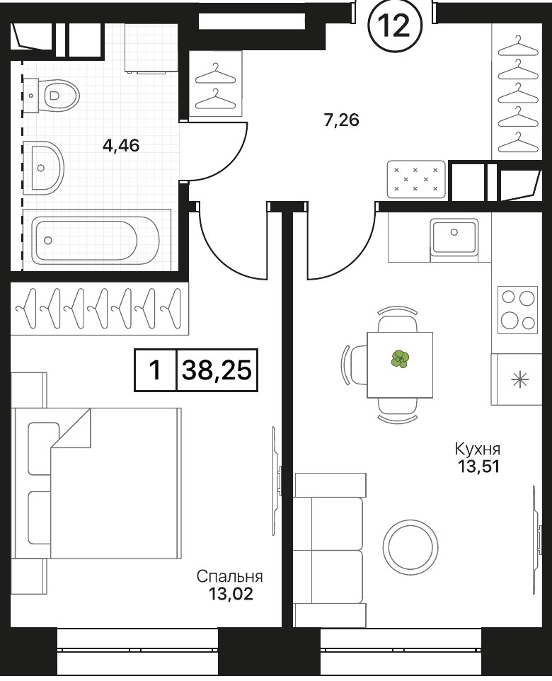Планировка 38.25 м²