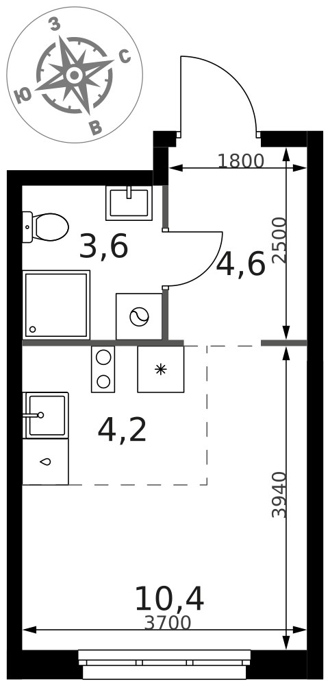 Планировка: Студия, 22.8 м²