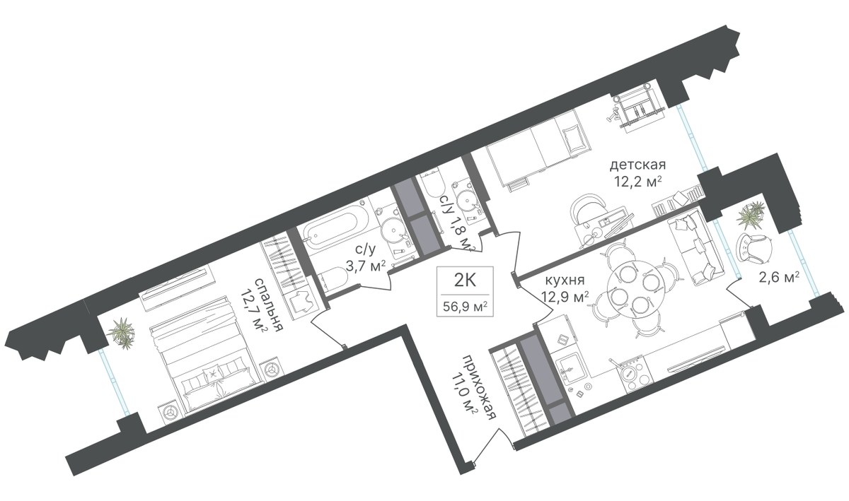 Планировка 57.6 м²