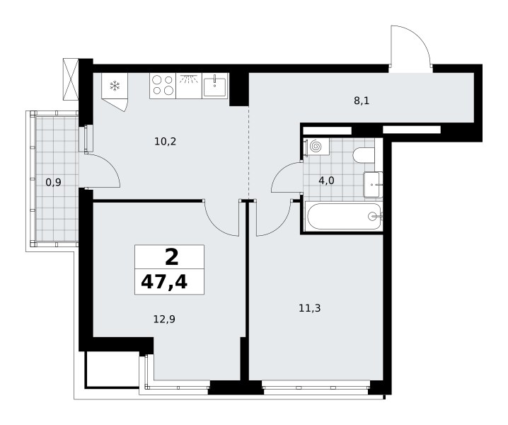 Планировка: 2-комнатная, 47.4 м²
