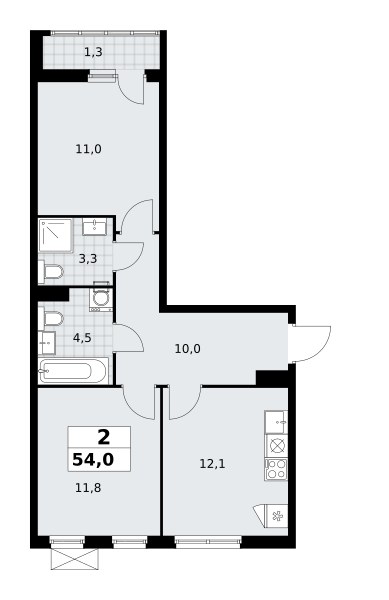 Планировка: 2-комнатная, 54.0 м²