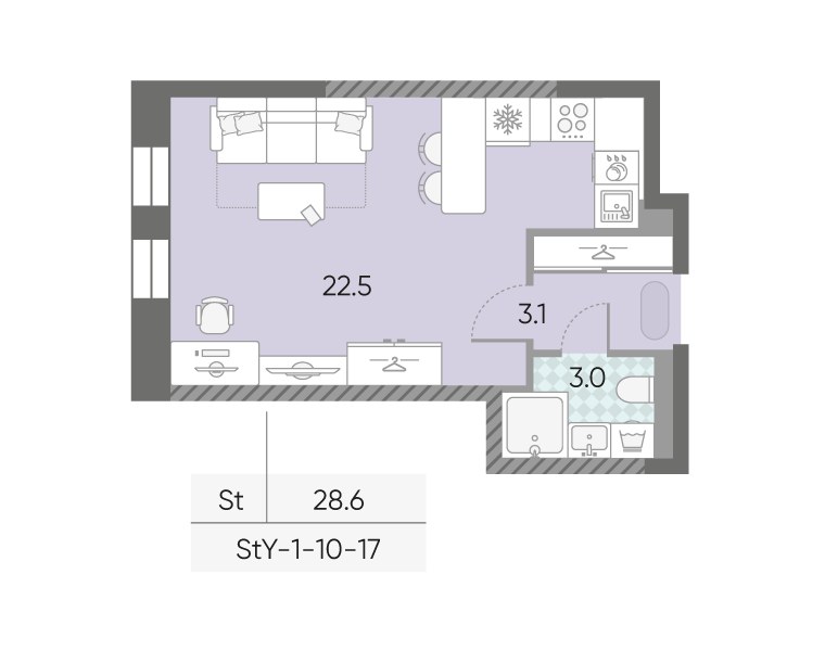 Планировка: Студия, 28.6 м²