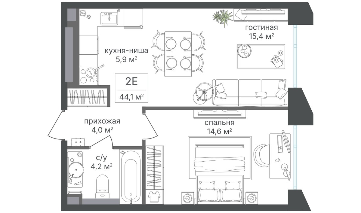 Планировка 44.1 м²
