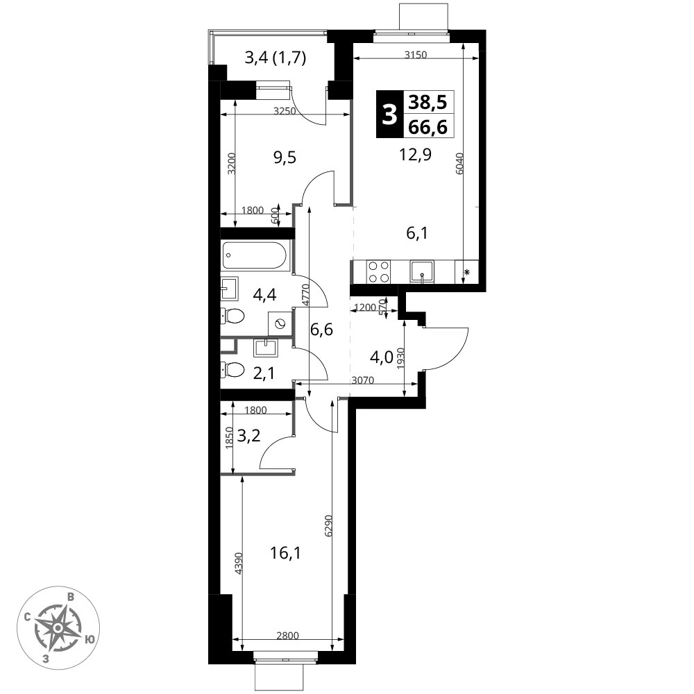 Планировка 66.6 м²