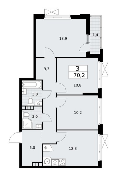 Планировка: 3-комнатная, 70.2 м²