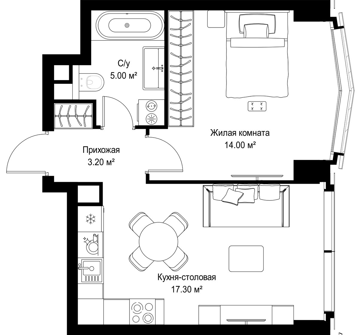 Планировка: 1-комнатная, 39.5 м²