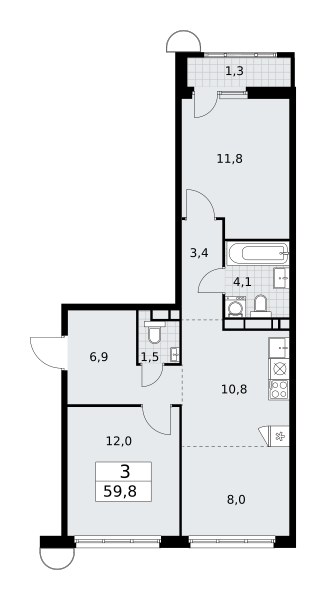 Планировка: 3-комнатная, 59.8 м²