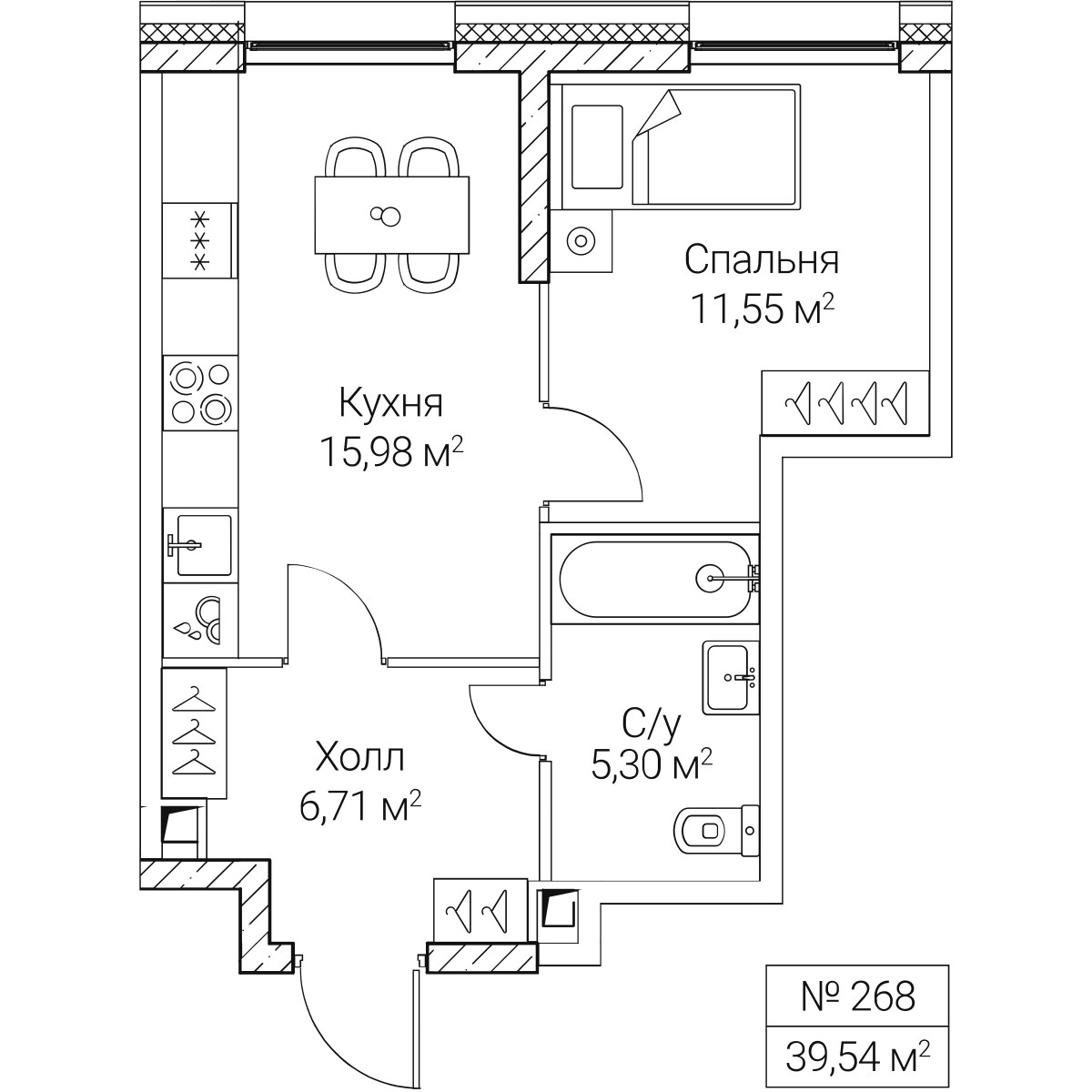 Планировка: 1-комнатная, 39.54 м²