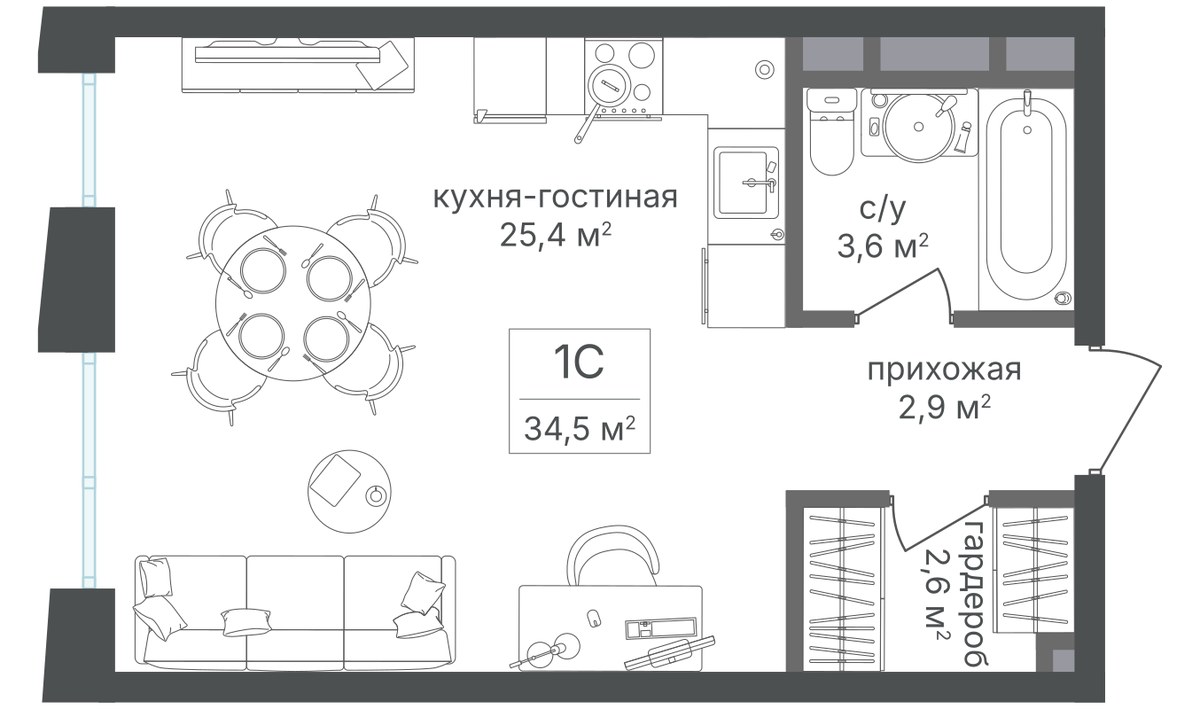 Планировка 34.4 м²