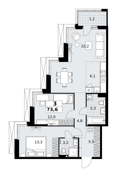 Планировка: 3-комнатная, 73.6 м²